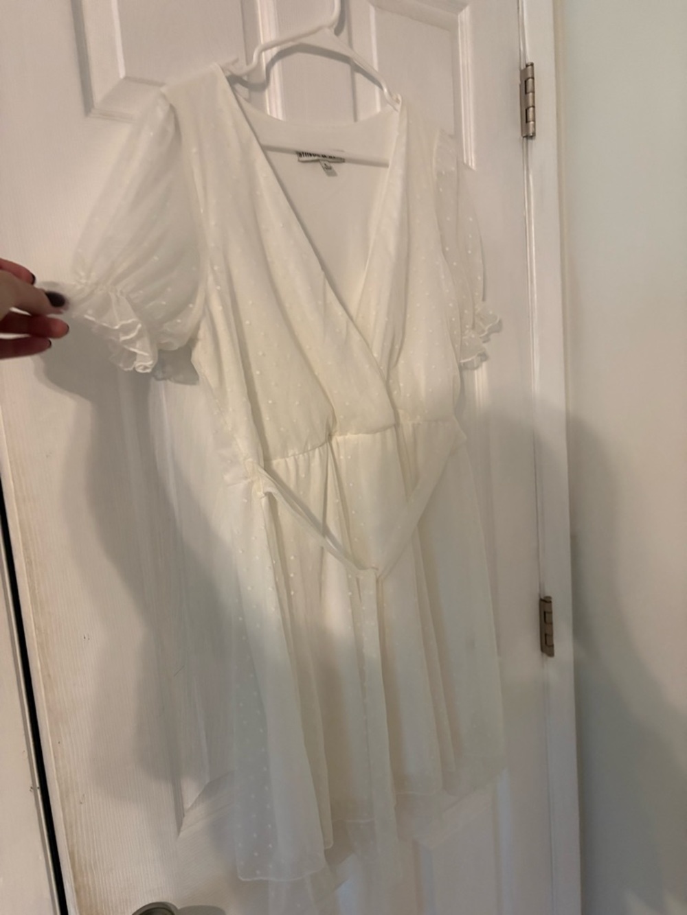 White Swiss Dot Cottagecore Dress Puff Sleeve Tie Waist Bridal L Allison & Kelly - Picture 6 of 10